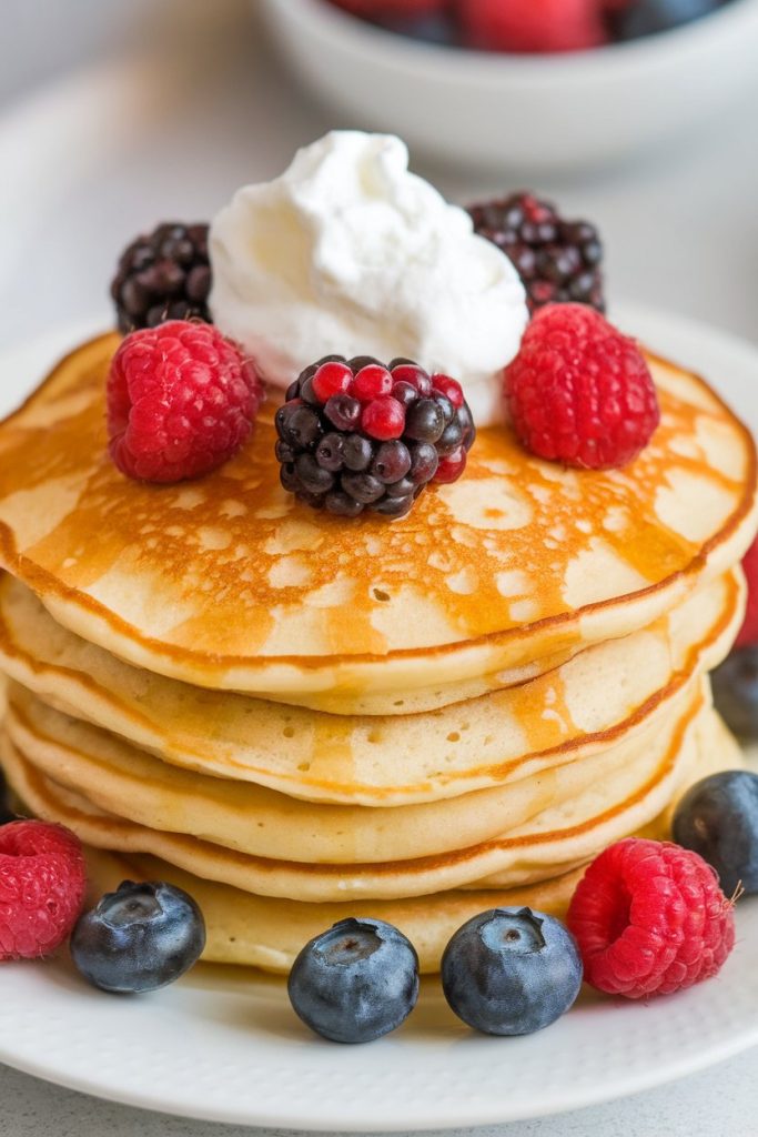 Coconut Flour Pancakes with Berries and Whipped Cream