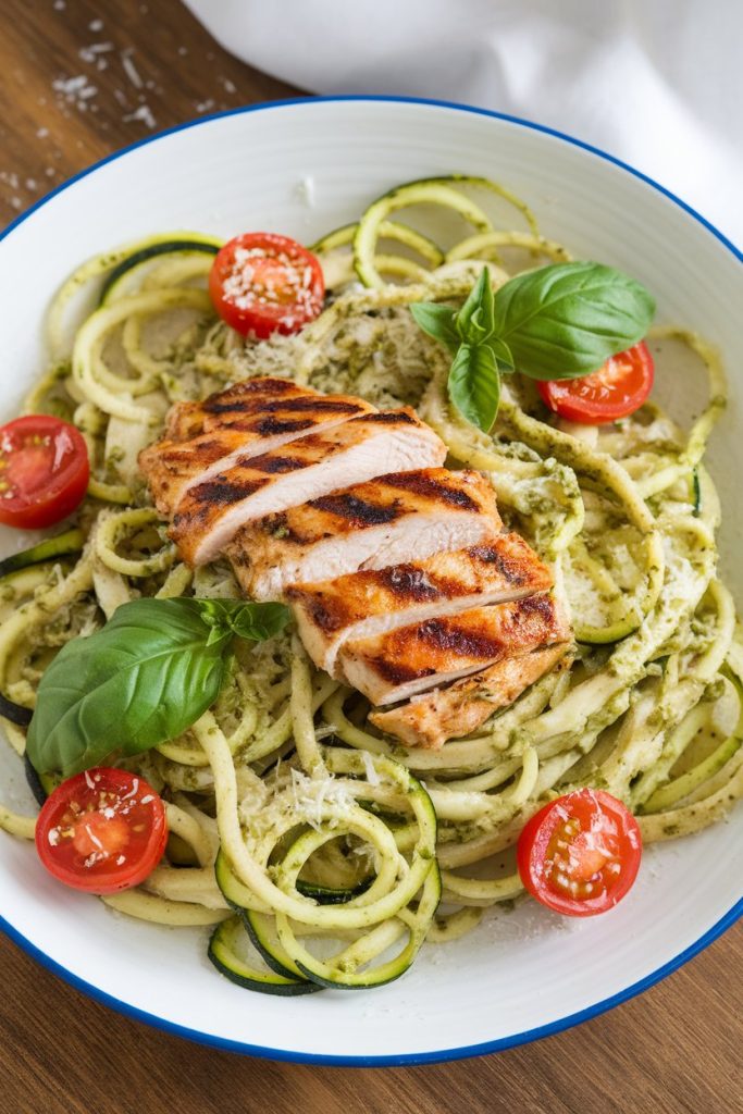 Zucchini Noodles with Pesto and Grilled Chicken