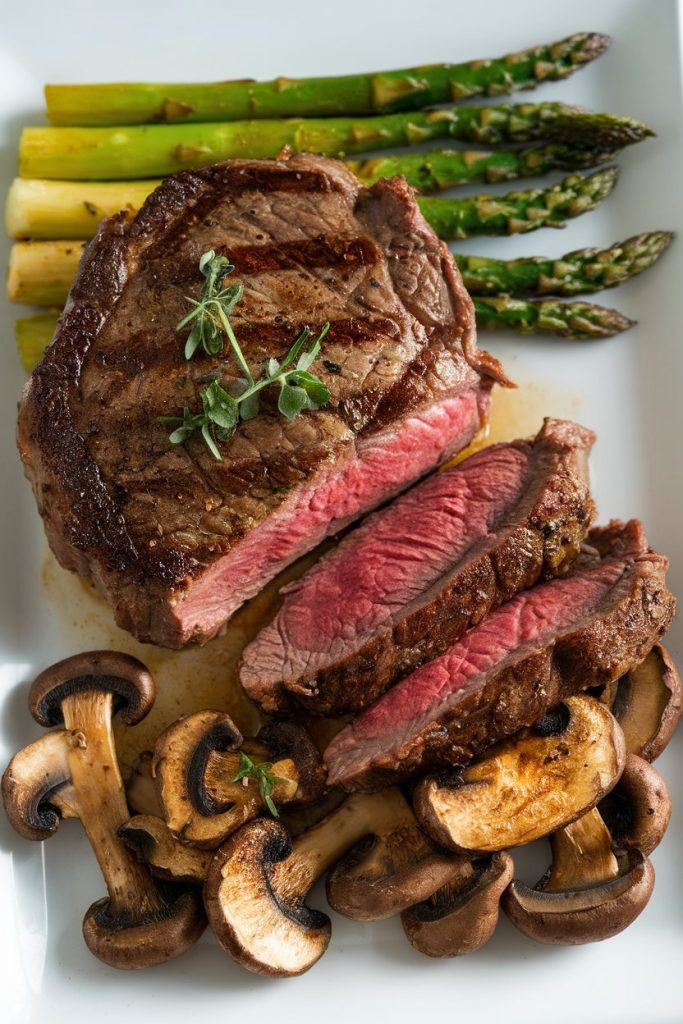 Steak with Asparagus and Mushrooms
