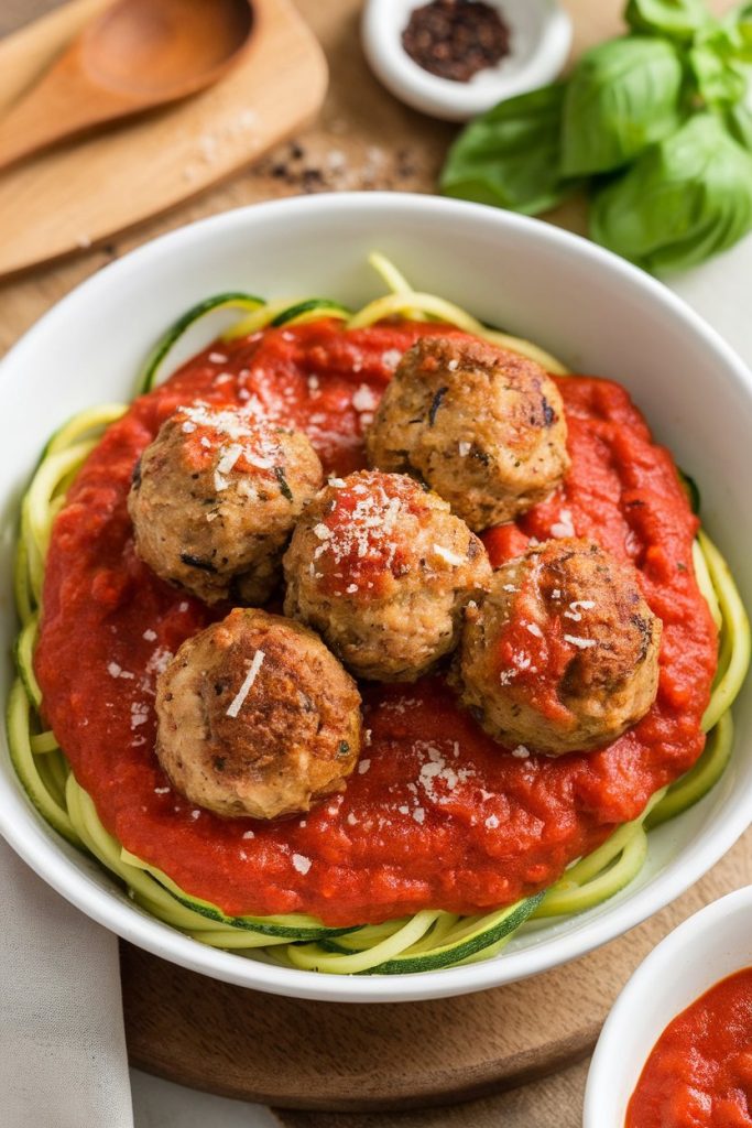 Meatballs with Marinara Sauce and Zucchini Noodles