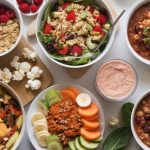 Six bowls of plant-based meals like oats, salad, vegetarian chili, tofu, and vegetables