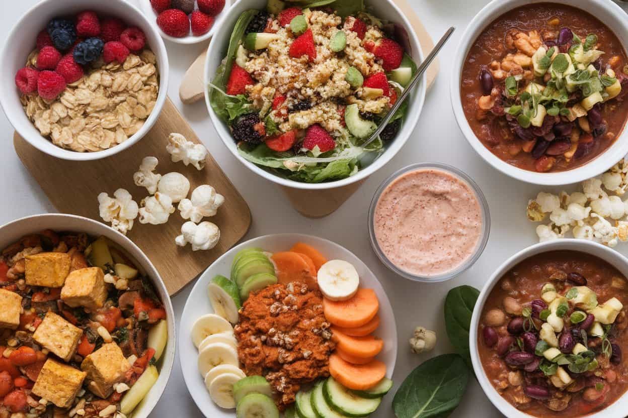 Six bowls of plant-based meals like oats, salad, vegetarian chili, tofu, and vegetables