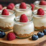 Mini cheesecake jars on a wooden board