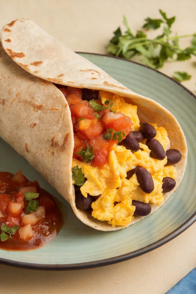 Breakfast Burrito With Eggs, Black Beans, and Salsa