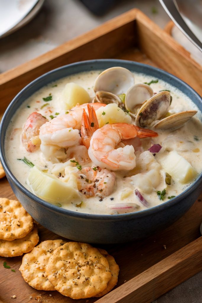 Seafood Chowder With Seasoned Oyster Crackers