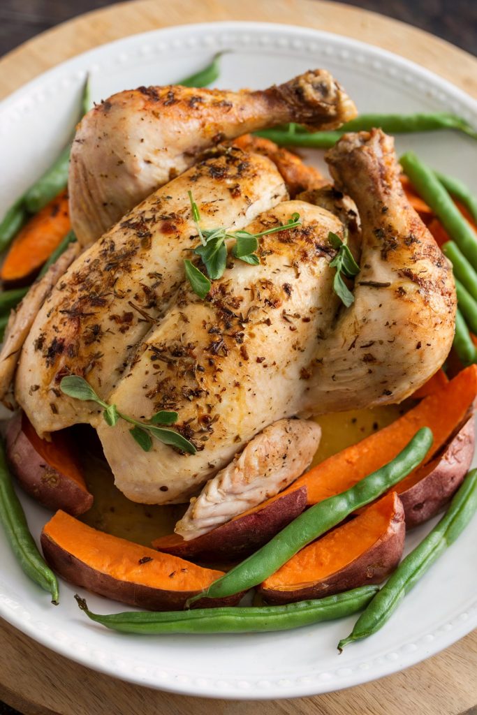 Baked Chicken With Roasted Sweet Potatoes and Green Beans