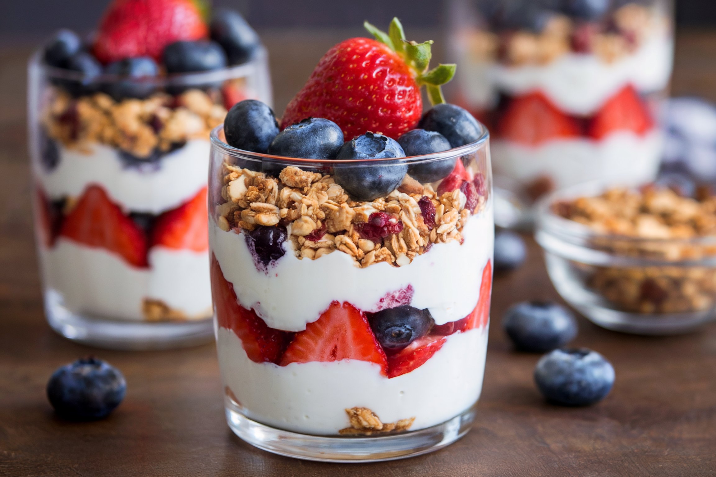 A glass with fruit, yogurt, and granola