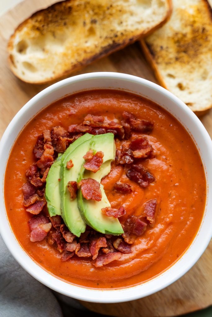 Creamy Tomato Soup with Bacon and Avocado