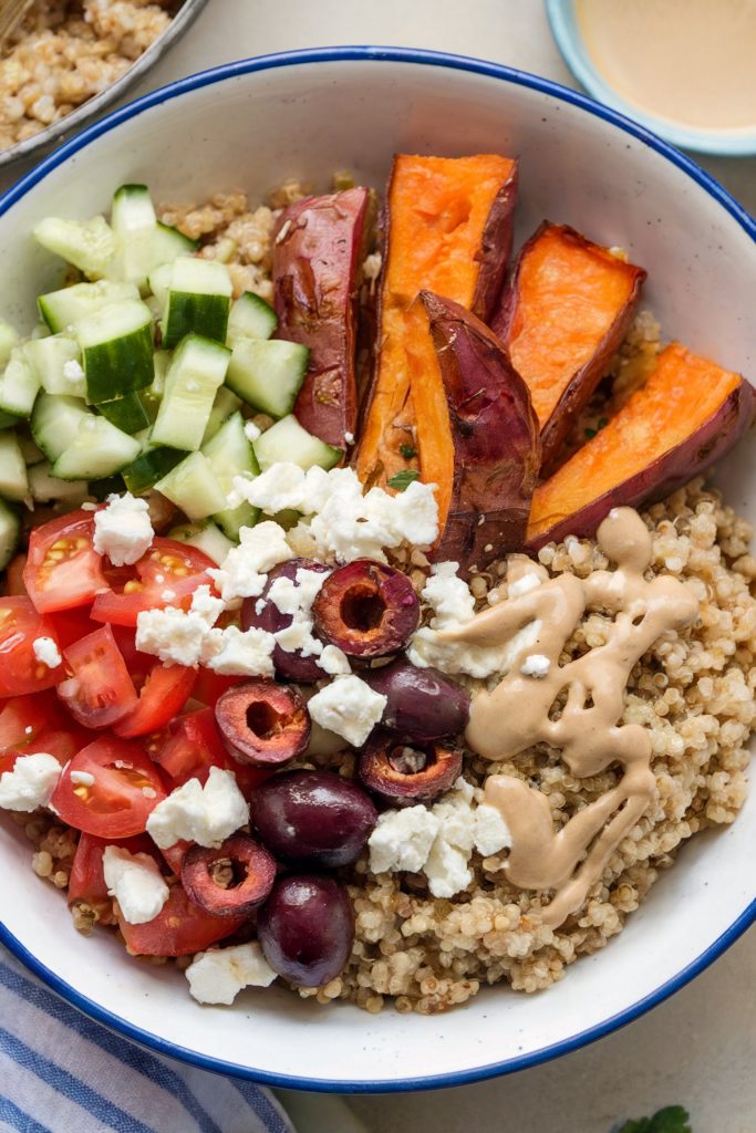 Mediterranean Quinoa Bowl with Roasted Sweet Potatoes