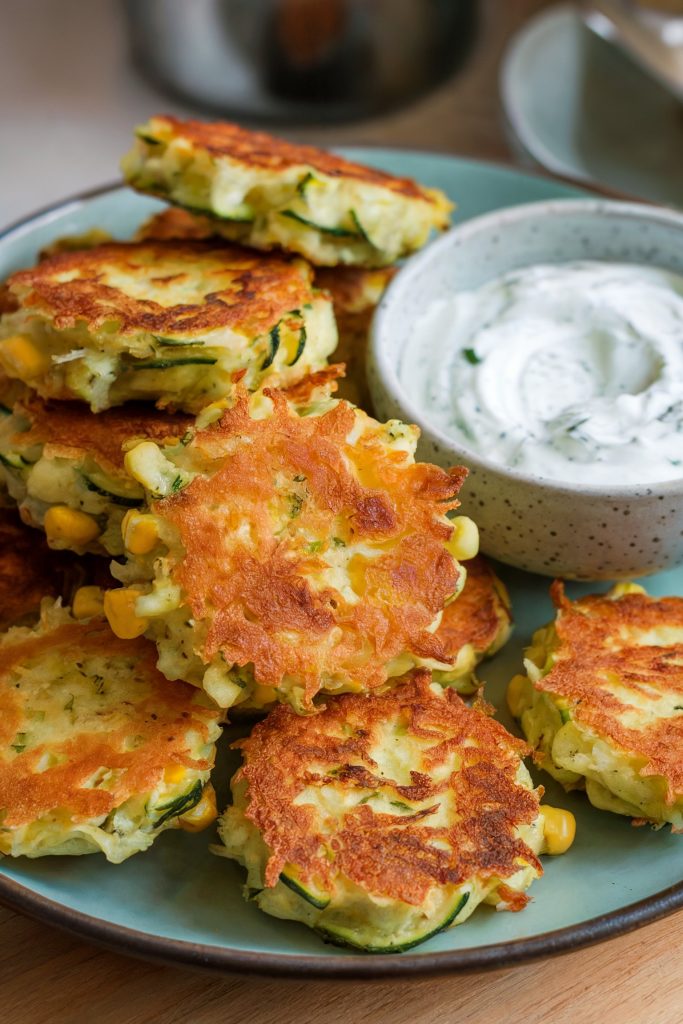 Zucchini and Corn Fritters with Greek Yogurt Dip
