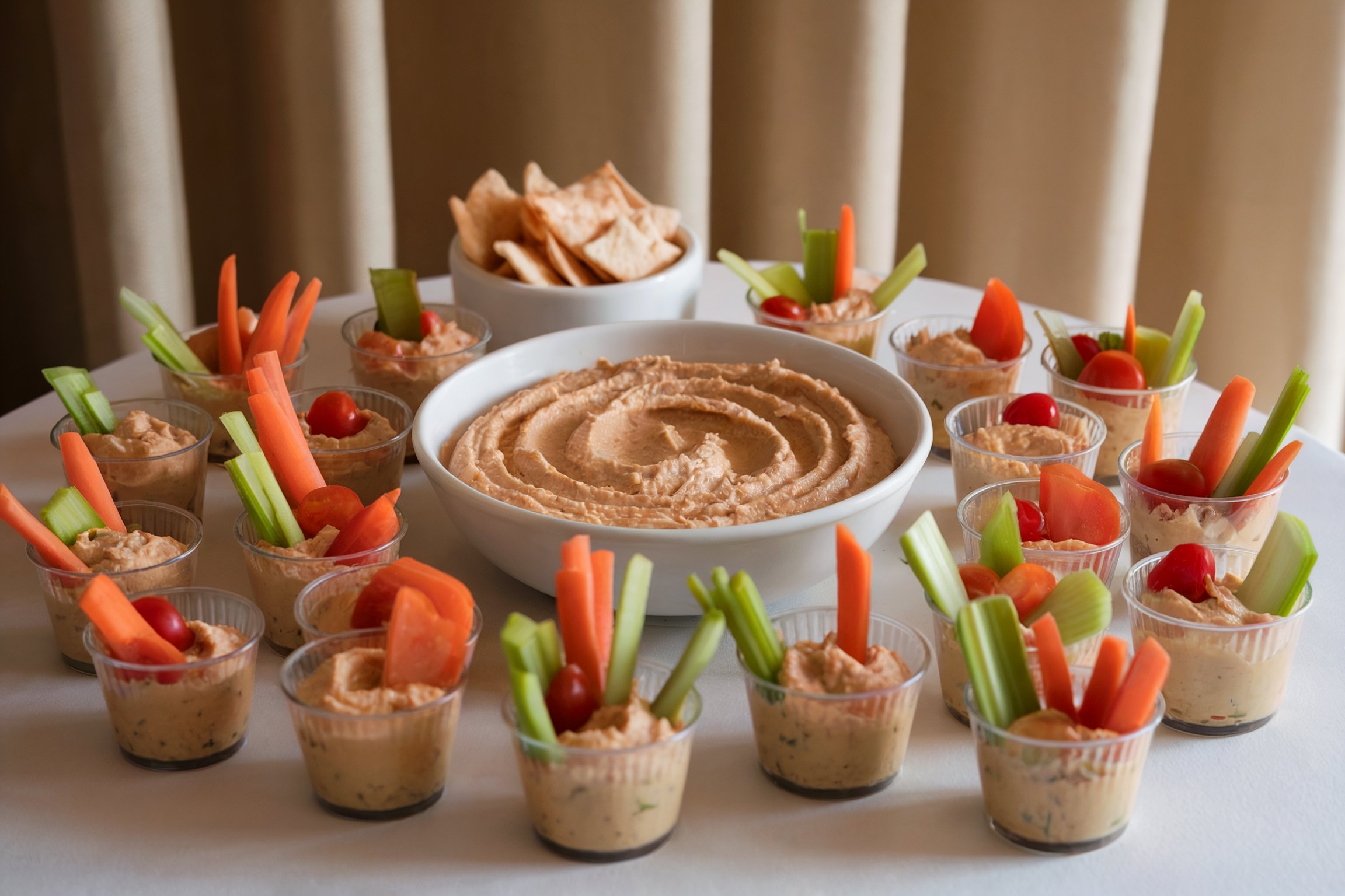 Individual cups of hummus garnished with herbs and served with vegetable sticks