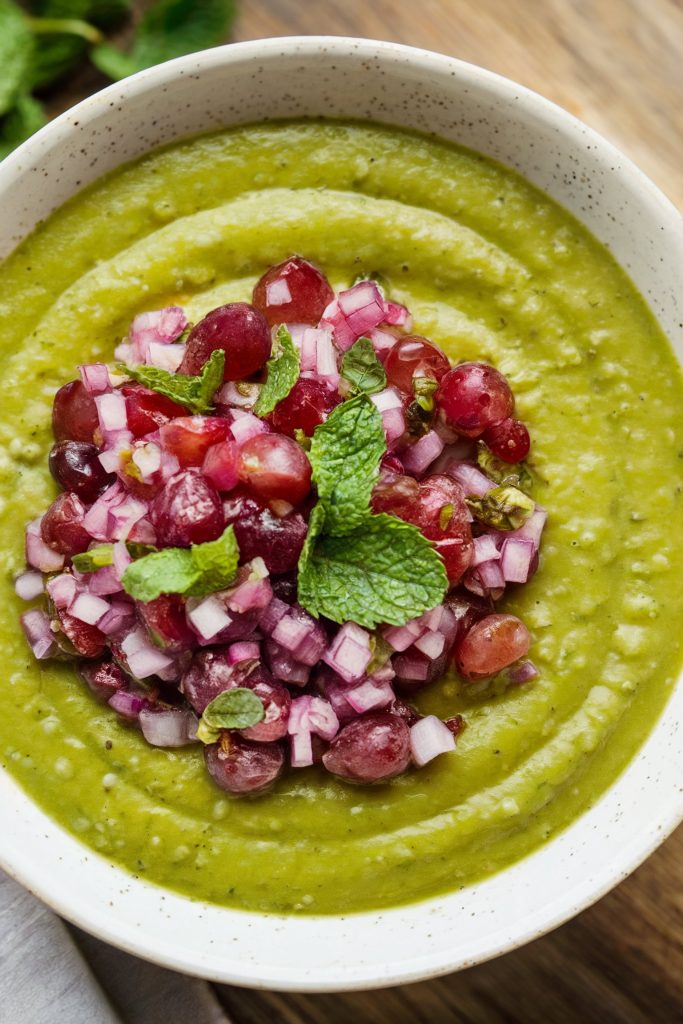 Fresh Green Pea Soup With Grape Salsa