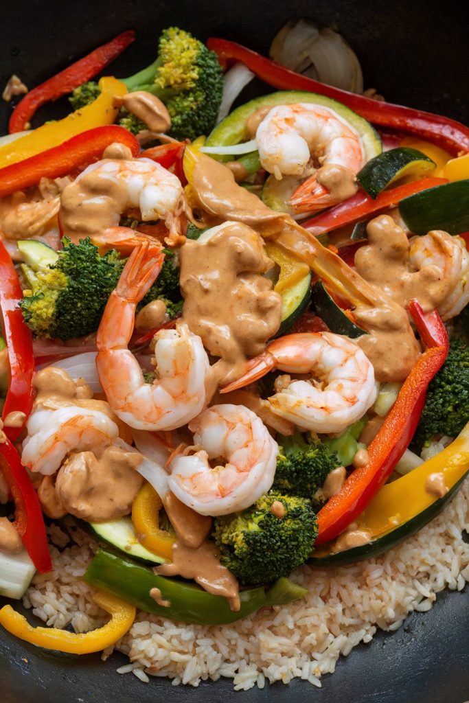 Shrimp and Vegetable Stir-Fry with Peanut Sauce