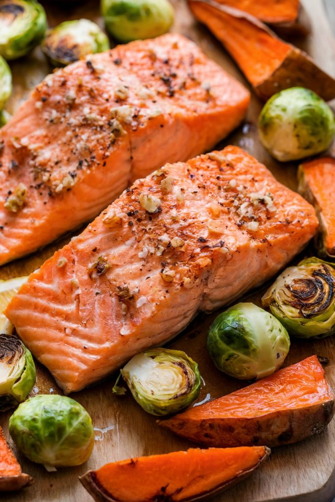 Salmon with Roasted Brussels Sprouts and Sweet Potatoes