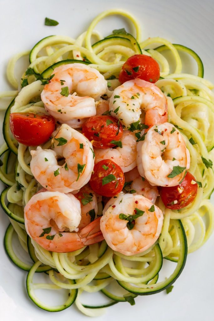 Shrimp Scampi with Zucchini Noodles and Cherry Tomatoes