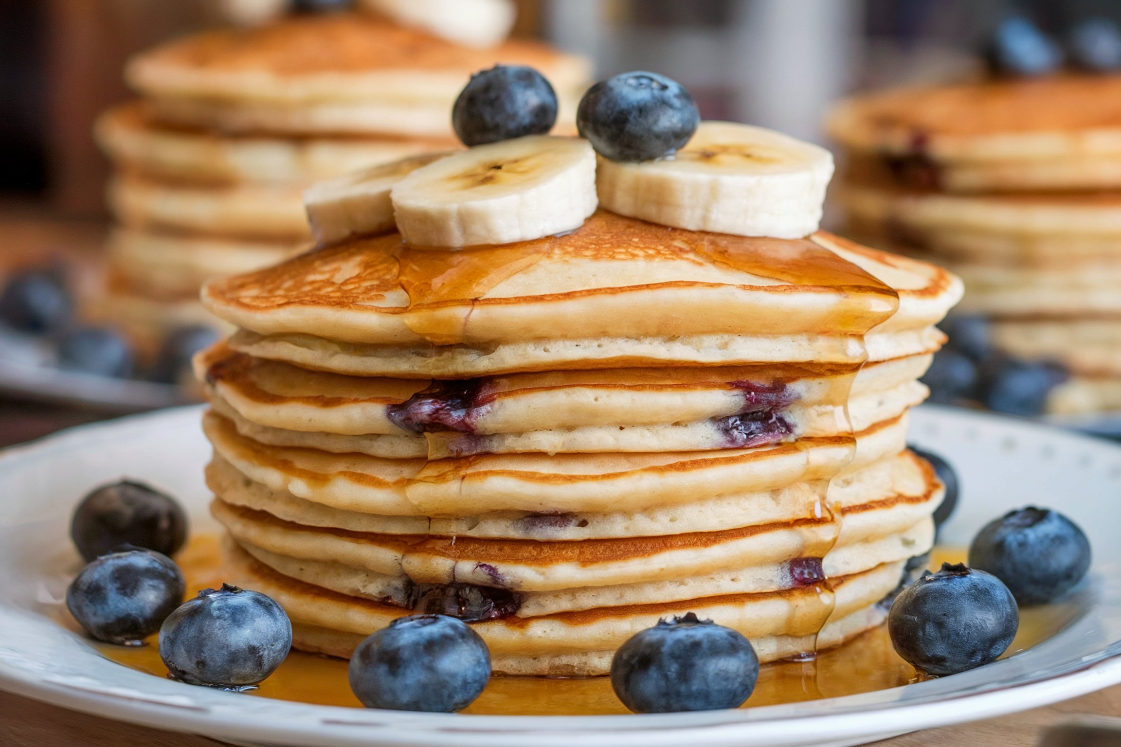 Stack of pancake with blueberry, banana, and maple syrup