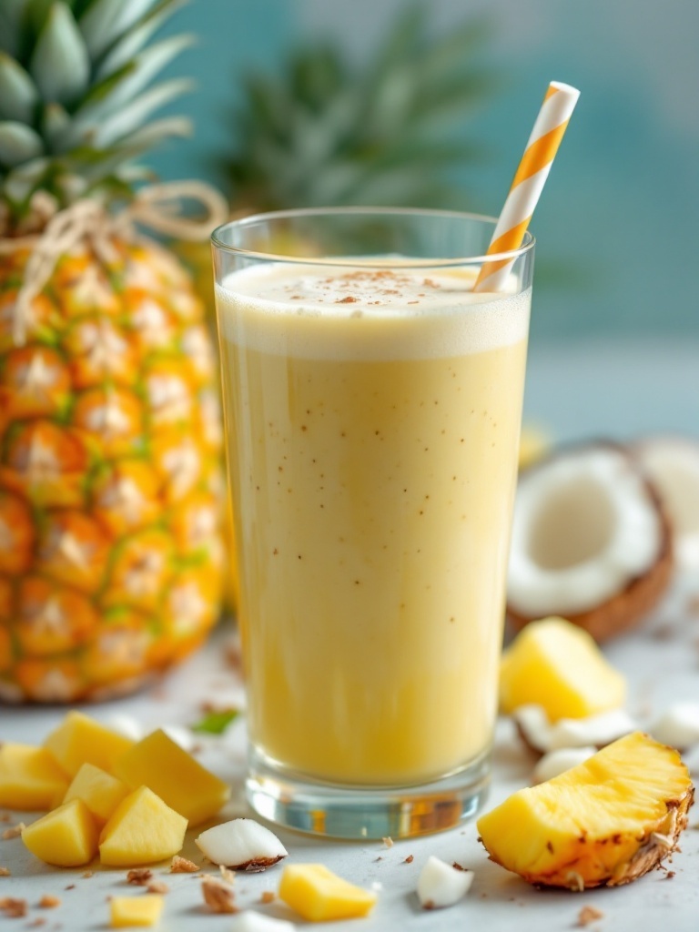 A refreshing pineapple and coconut smoothie in a glass next to fresh pineapple chunks and coconut.
