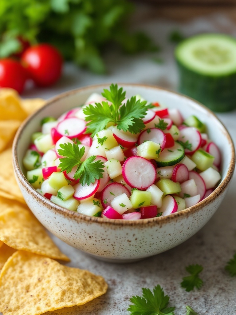 A bowl of vibrant radish and cucumber salsa garnished with cilantro, served with tortilla chips.
