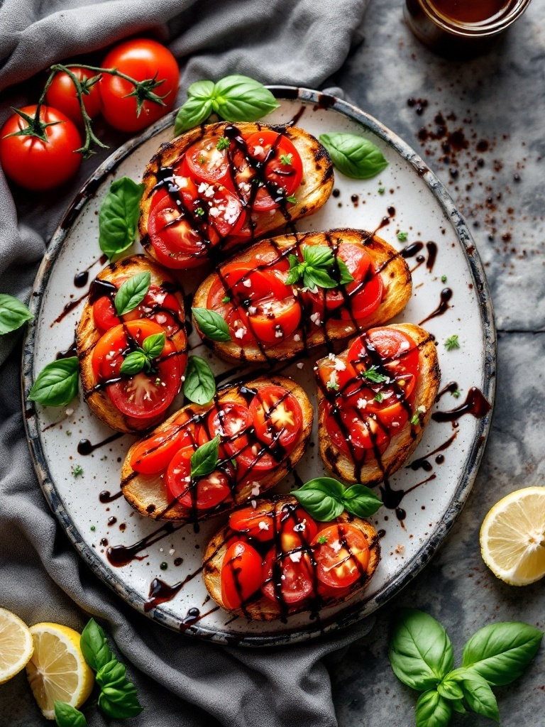 A plate of tomato and basil bruschetta topped with fresh tomatoes and basil on toasted bread.