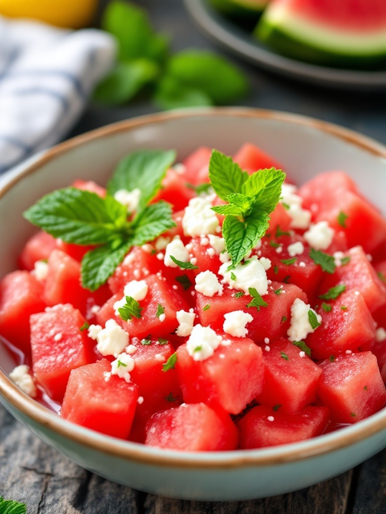 A bowl of watermelon salad topped with feta cheese and mint leaves.