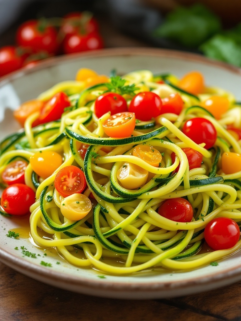 A plate of zucchini noodles topped with colorful cherry tomatoes.