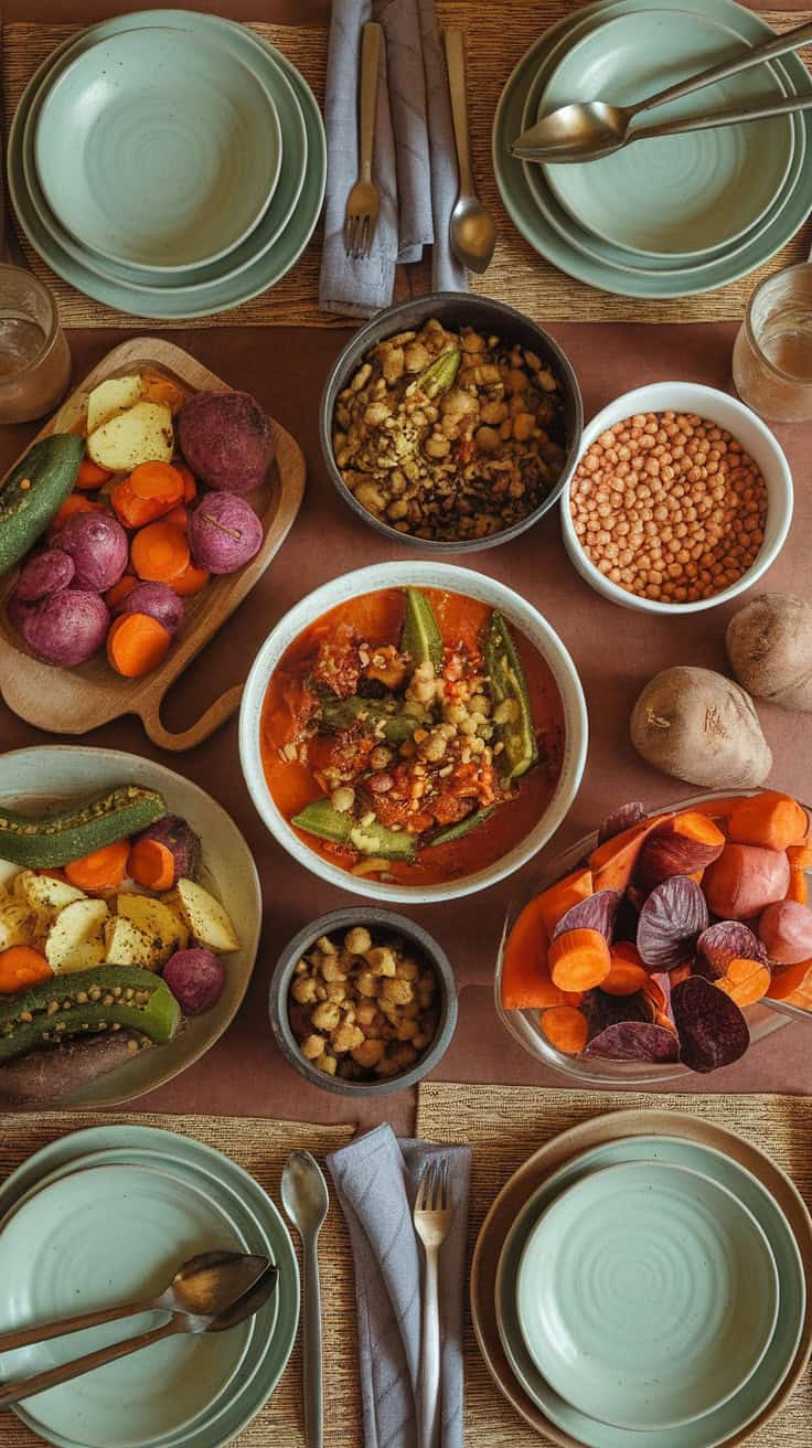 A vibrant arrangement of African root vegetables and legumes on a dark surface.