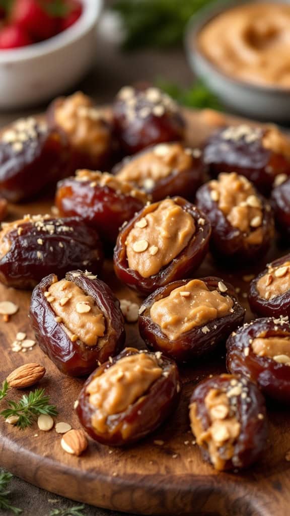 Almond butter stuffed dates on a wooden platter.