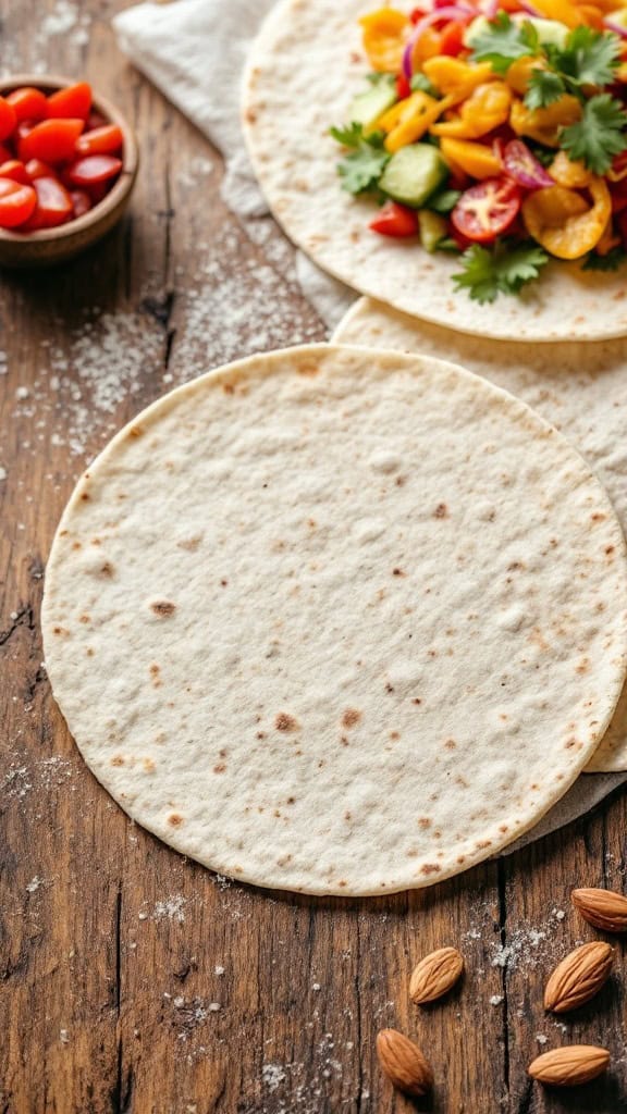 Almond flour tortillas beside a bowl of cherry tomatoes and a colorful vegetable mix.