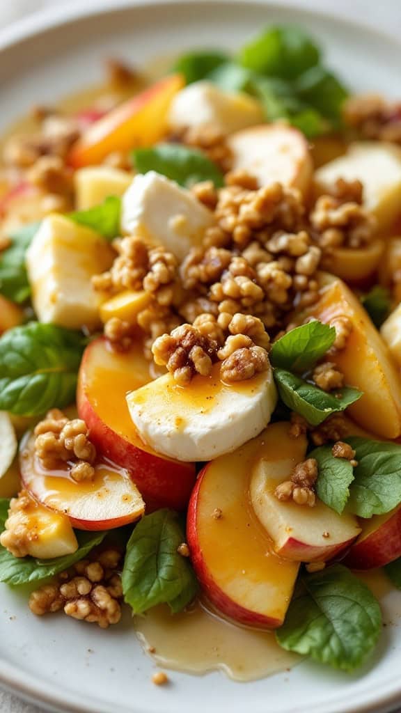 A colorful salad with sliced apples, brie cheese, walnuts, and fresh greens