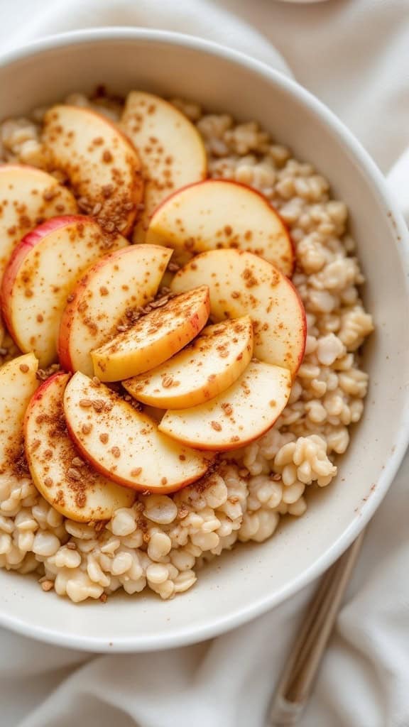A bowl of apple and cinnamon oatmeal topped with sliced apples and flaxseeds.