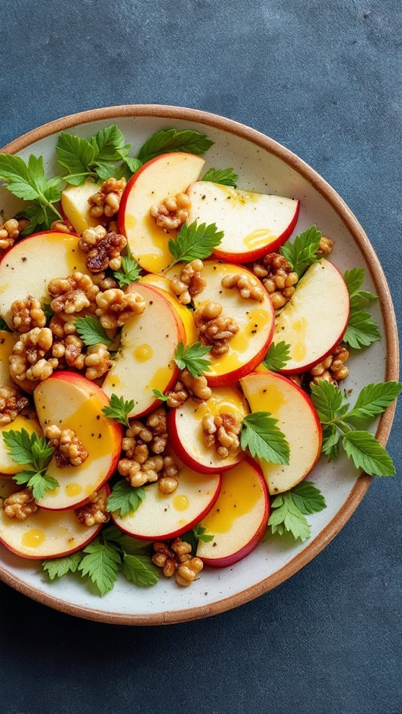 A vibrant apple and walnut salad with sliced apples, walnuts, and fresh herbs on a plate.