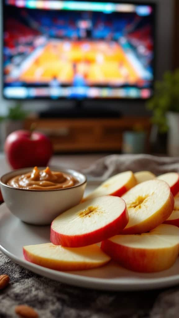 A plate of apple slices with almond butter, with a basketball game on TV in the background.