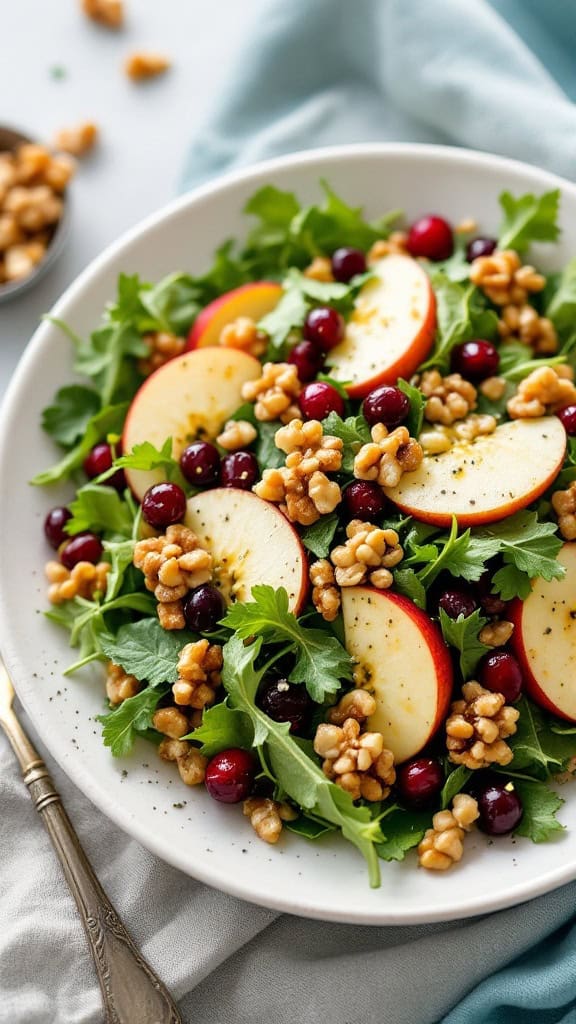 A vibrant apple walnut salad with sliced apples, walnuts, and cranberries on a plate