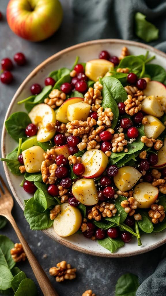 A colorful Apple Walnut Salad with spinach, walnuts, cranberries, and apple slices in a bowl.