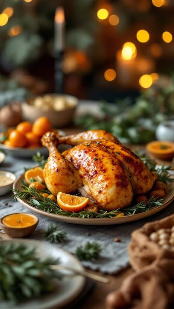 A beautifully roasted chicken glazed with apricot, garnished with oranges and herbs, set in a cozy dining scene.