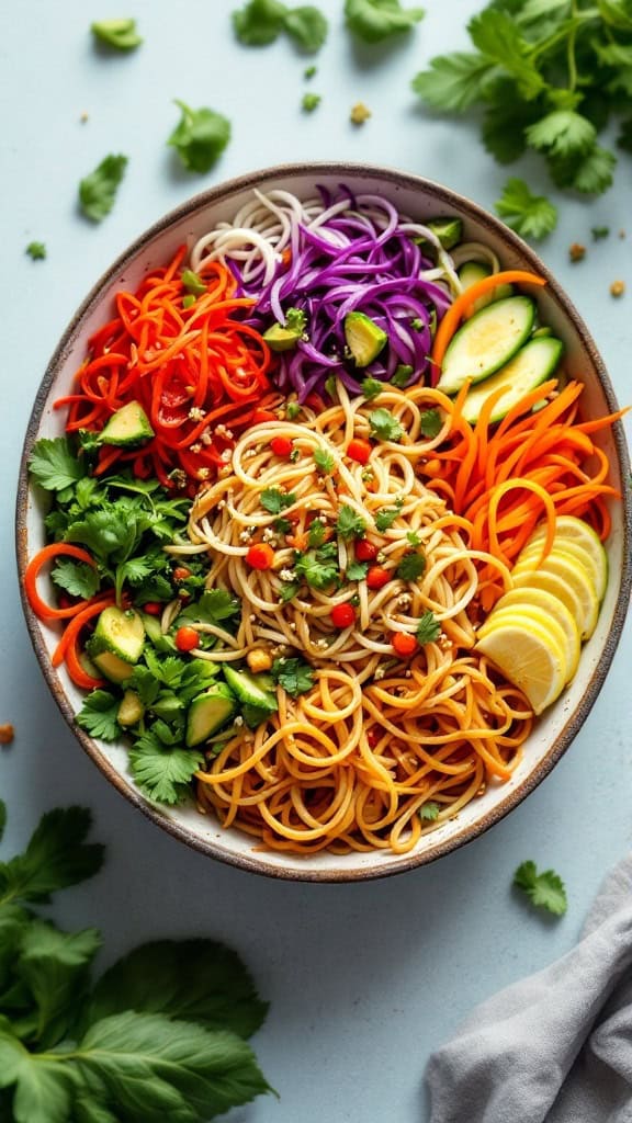 A vibrant Asian noodle salad featuring colorful vegetables and sesame dressing.