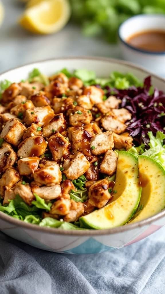 A colorful bowl of Asian sesame chicken salad with grilled chicken, greens, avocado slices, and sesame dressing.