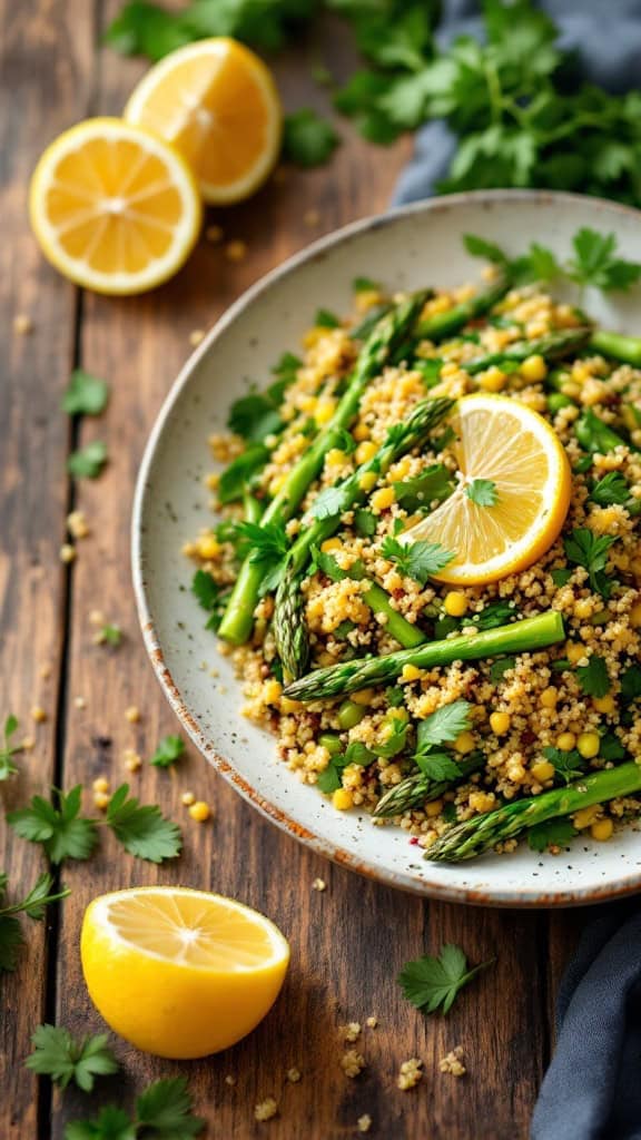 A colorful salad with asparagus, quinoa, and lemon slices on a plate, garnished with parsley.
