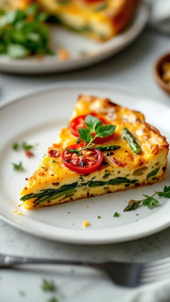 A slice of asparagus and tomato frittata garnished with fresh herbs on a plate.