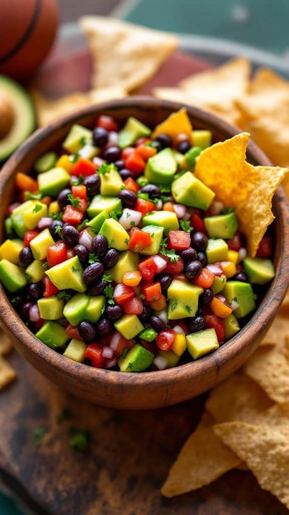 A bowl of avocado and black bean salsa with tortilla chips, placed in a basketball court setting.