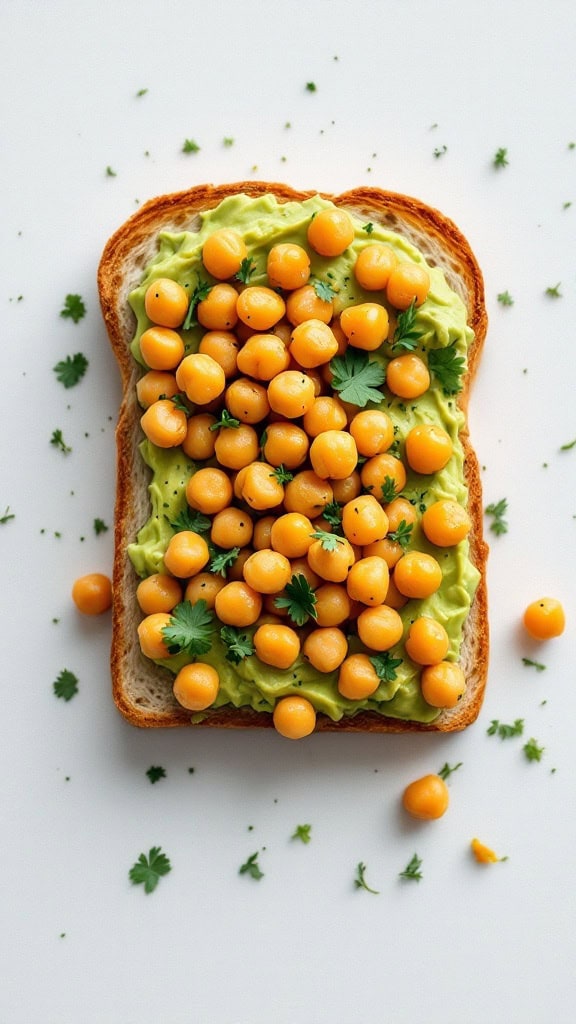 A slice of toast topped with mashed avocado and chickpeas, garnished with fresh herbs.