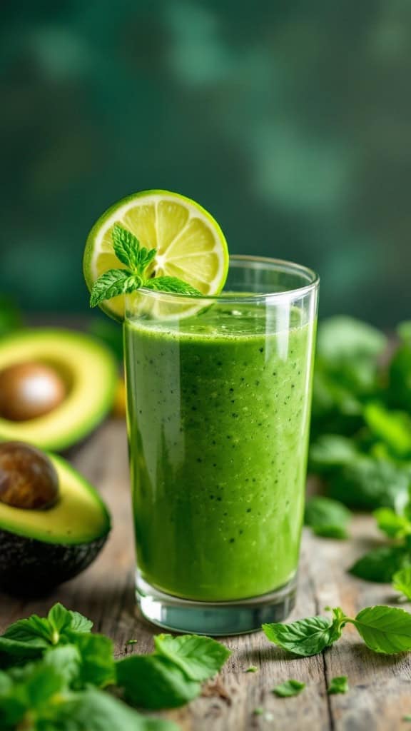 A refreshing Avocado and Spinach Smoothie in a glass, garnished with a lime slice and mint leaves, surrounded by fresh avocados and mint.