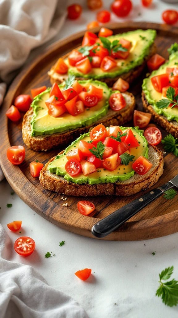 Avocado and tomato bruschetta on whole grain bread, garnished with fresh parsley.