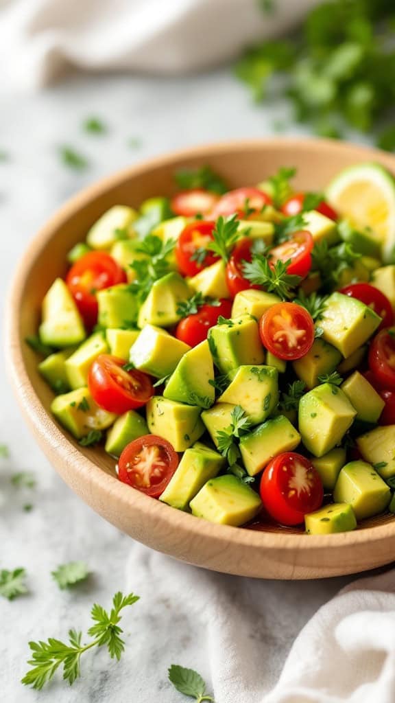 A colorful display of avocado, tomatoes, and herbs on a wooden cutting board.