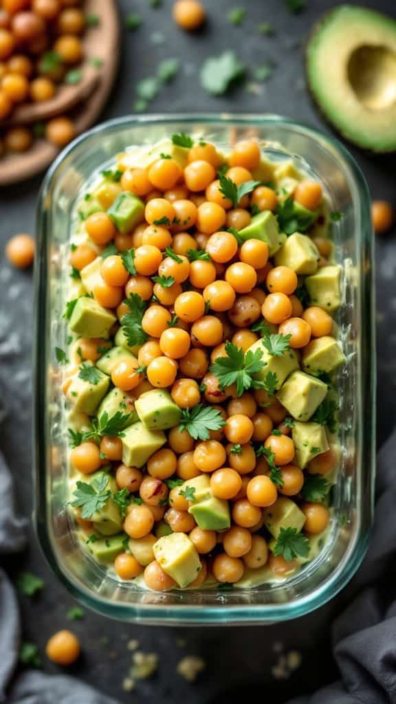 A colorful avocado chickpea salad with yellow chickpeas and diced avocado garnished with cilantro.