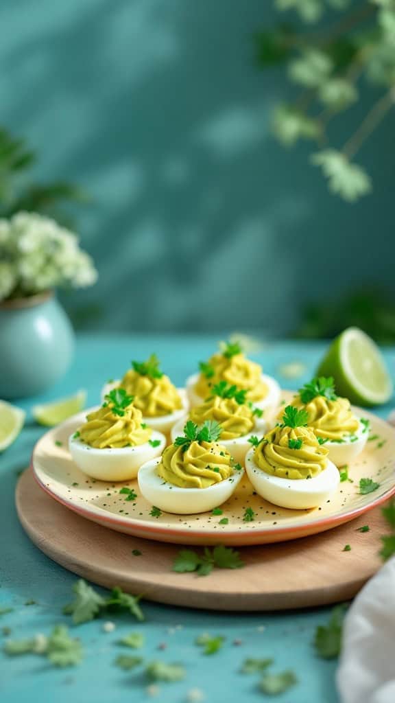 A plate of avocado deviled eggs garnished with cilantro on a wooden board.