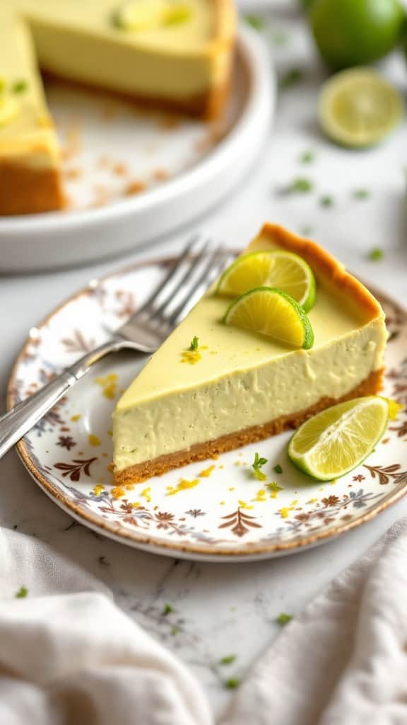 A slice of avocado lime cheesecake garnished with lime slices on a decorative plate.