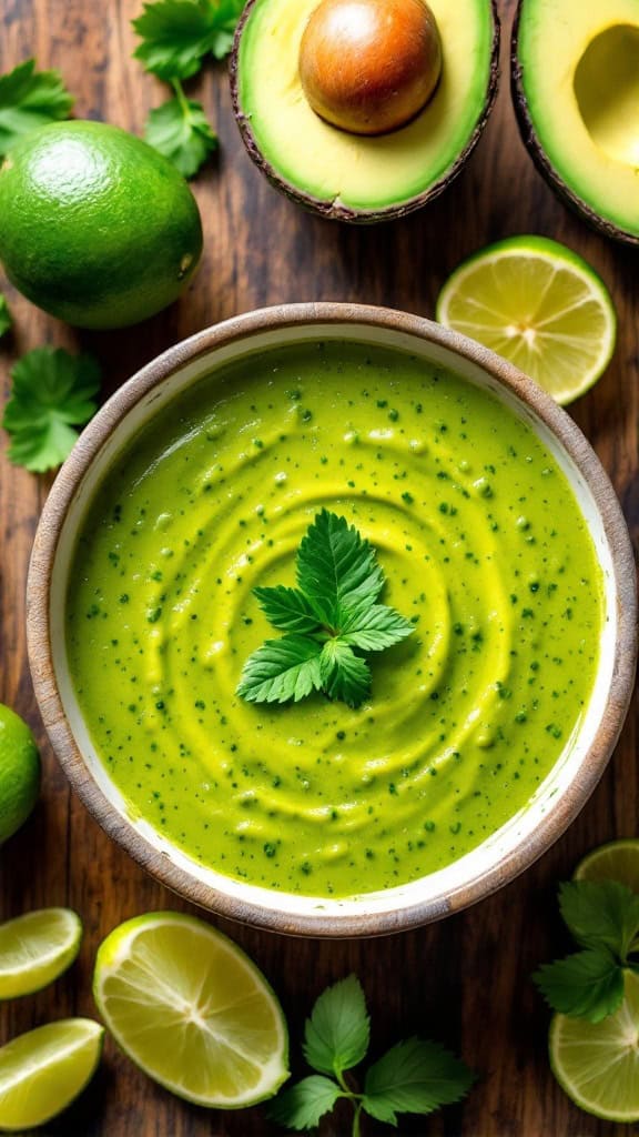 A bowl of creamy green avocado lime dressing surrounded by lime slices and whole avocados.