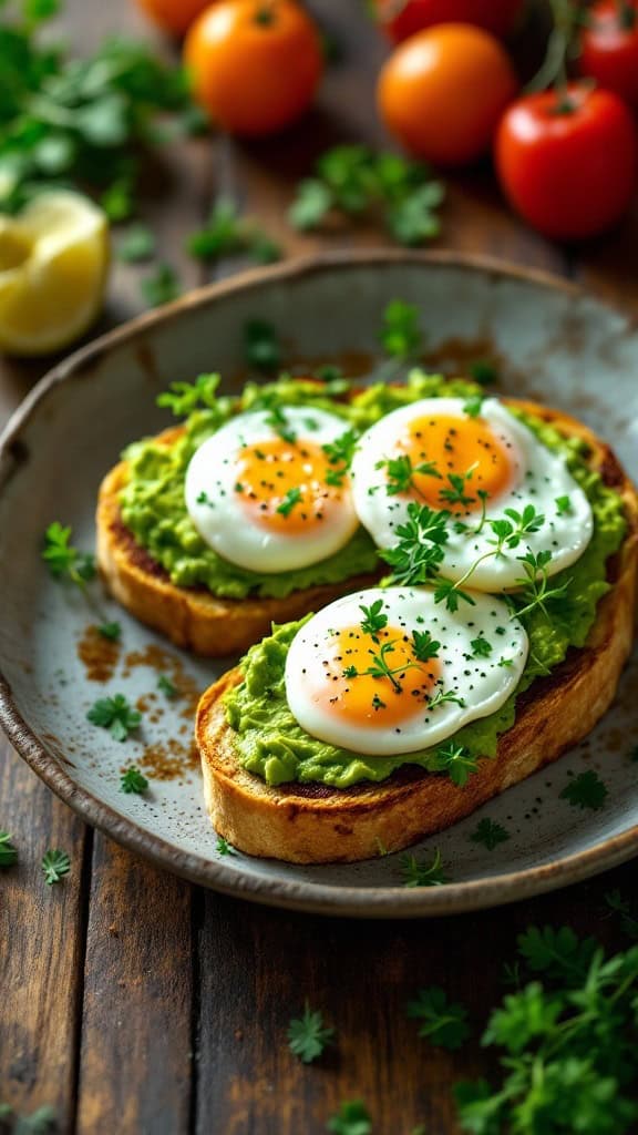 Plate of avocado toast topped with poached eggs and garnished with herbs.