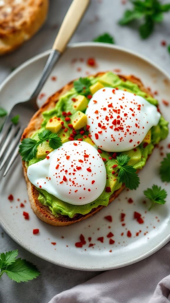 A plate of avocado toast topped with poached eggs and chili flakes, garnished with fresh herbs